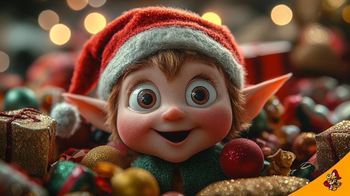 Un joyeux elfe animé portant un chapeau de Père Noël rouge, un peu comme un croquis fantaisiste de Brouillon Auto, est entouré de décorations de Noël colorées et de coffrets cadeaux.
