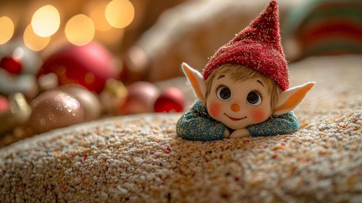 Un jouet en peluche lutin farceur avec de grands yeux et un chapeau rouge repose sur une surface texturée, entouré de décorations de Noël floues et de lumières chaudes et brillantes en arrière-plan.