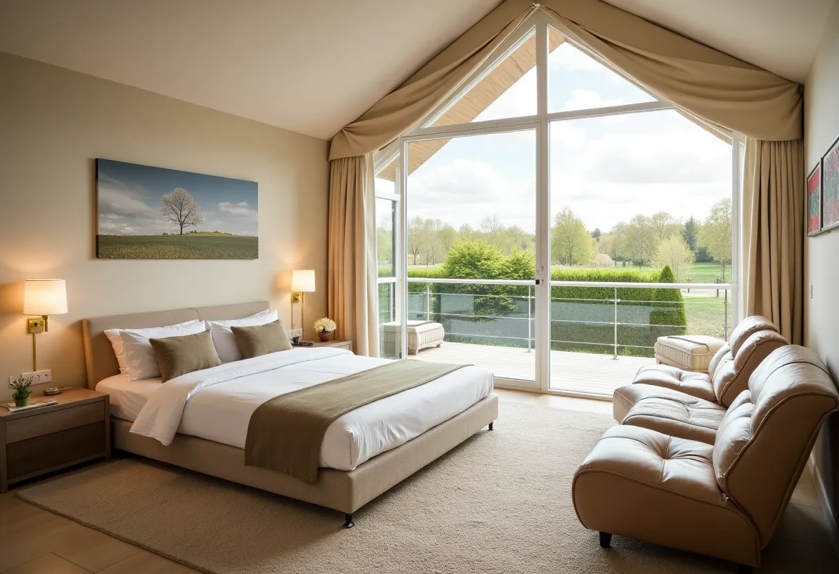 Une chambre spacieuse avec une grande fenêtre, une literie beige, un canapé et un tableau représentant un arbre. Les portes vitrées s'ouvrent sur un balcon donnant sur la verdure.