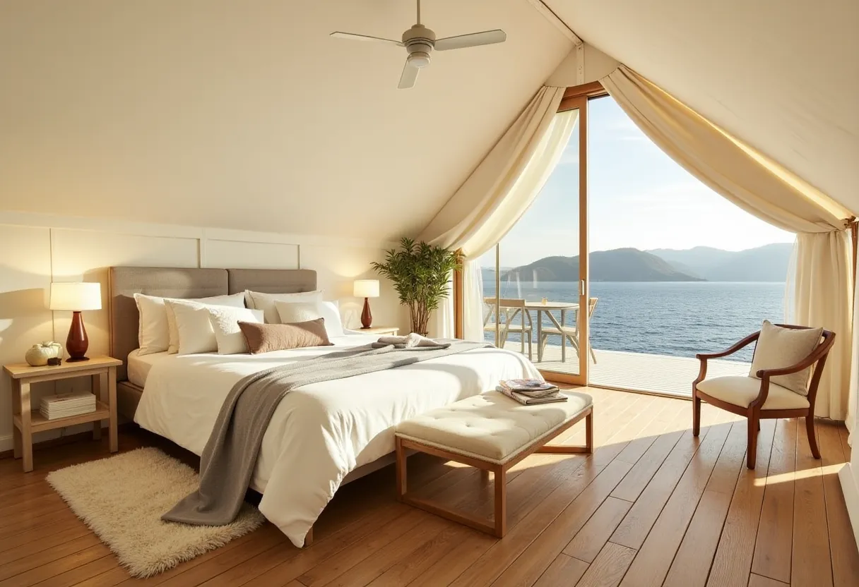 Une chambre avec un grand lit, du parquet et une vue sur l'océan. Une chaise et une table se trouvent près de la porte coulissante ouverte menant à un balcon. Des rideaux légers encadrent la porte.