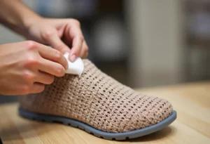 Mains nettoyant une chaussure beige crochetée avec un chiffon blanc sur une surface en bois.