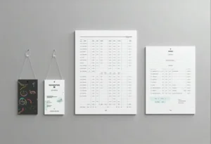 Quatre feuilles sont affichées sur un mur : une carte de design colorée, une carte « Réservation Boissons » et deux feuilles plus grandes avec des tableaux et du texte, ressemblant à des horaires ou des plans.